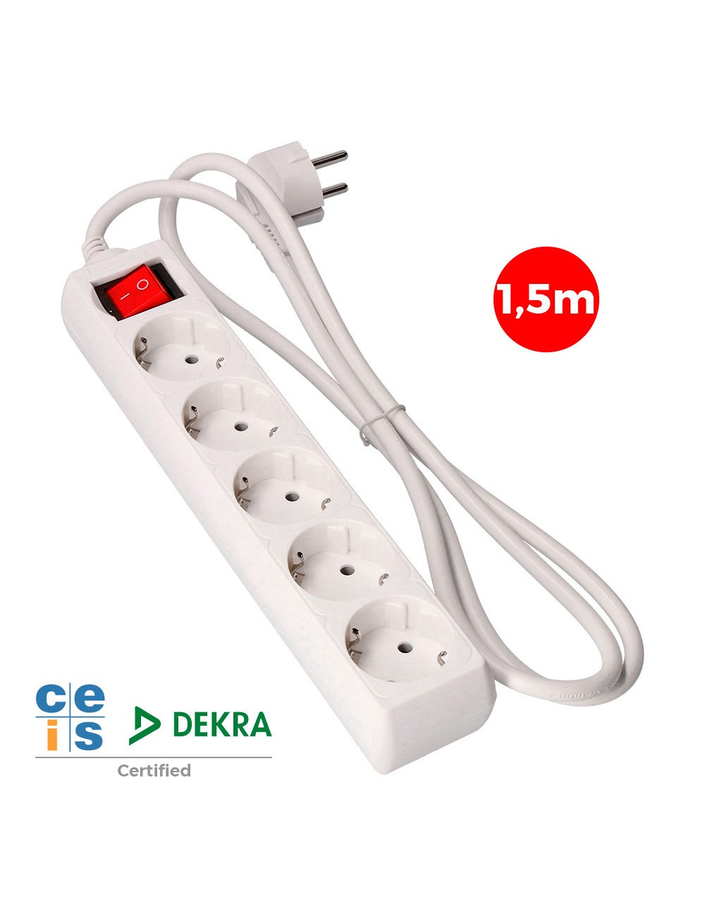 Base múltiple 5 tomas 2p+t con interruptor luminoso, 16 a 250 v~ 1,5 m de cable h05vv-f 3 g 1,5 mm blanca