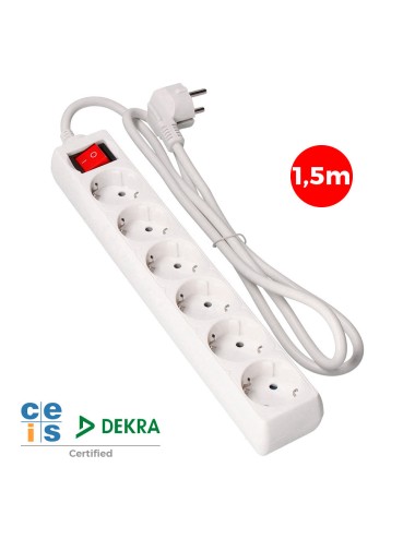 Base múltiple 6 tomas 2p+t con interruptor luminoso, 16 a 250 v~ 1,5 m de cable h05vv-f 3 g 1,5 mm blanca
