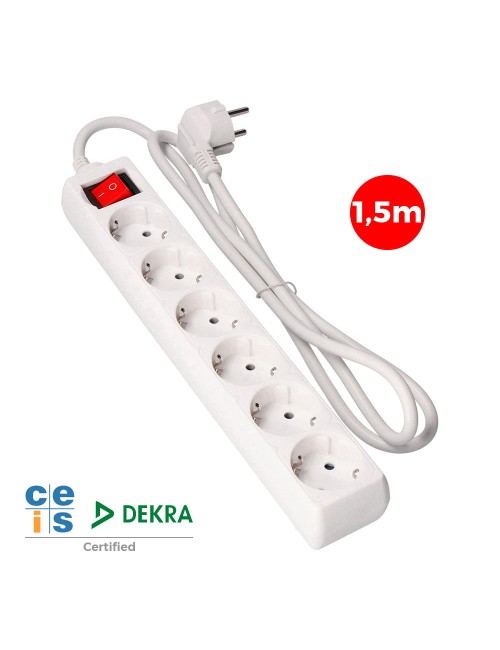 Base múltiple 6 tomas 2p+t con interruptor luminoso, 16 a 250 v~ 1,5 m de cable h05vv-f 3 g 1,5 mm blanca