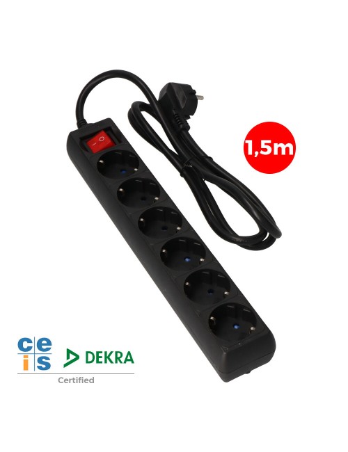Base múltiple 6 tomas 2p+t con interruptor luminoso, 1,5 m de cable h05vv-f 3g1,5 mm, 16a 250v~, negra