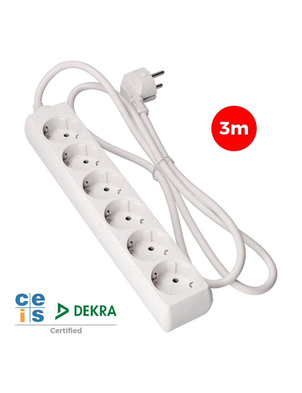 Base múltiple, 6 tomas schuko 2p+t, 3 m de cable h05vv-f 3g1,5 mm 16a 250v~ 3680 w, blanca