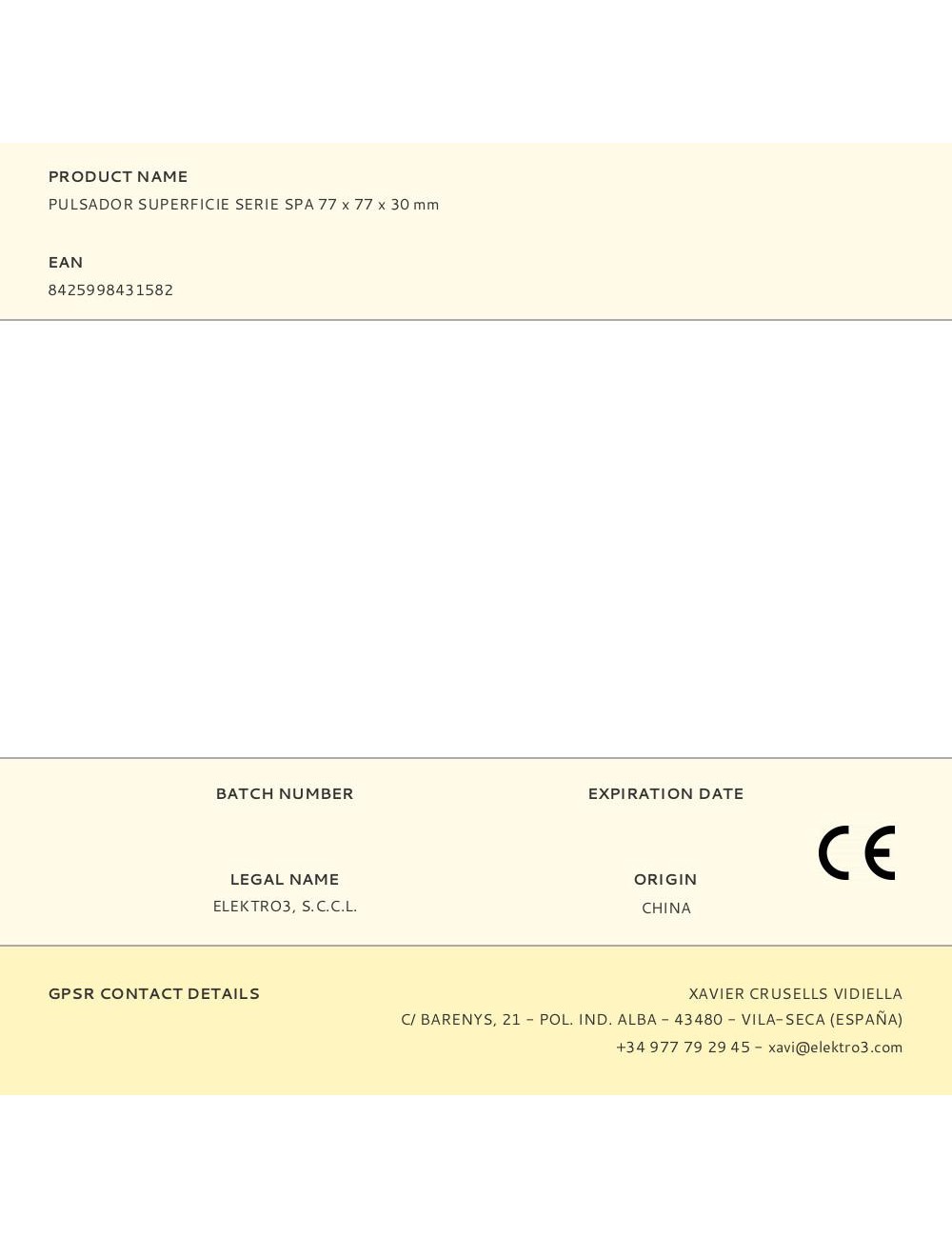 Pulsador superficie serie spa 77 x 77 x 30 mm