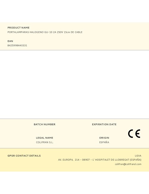 Portalamparas halogeno gu-10 2a 250v 15cm de cable