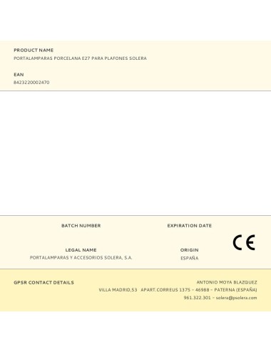 Portalamparas porcelana e27 para plafones solera