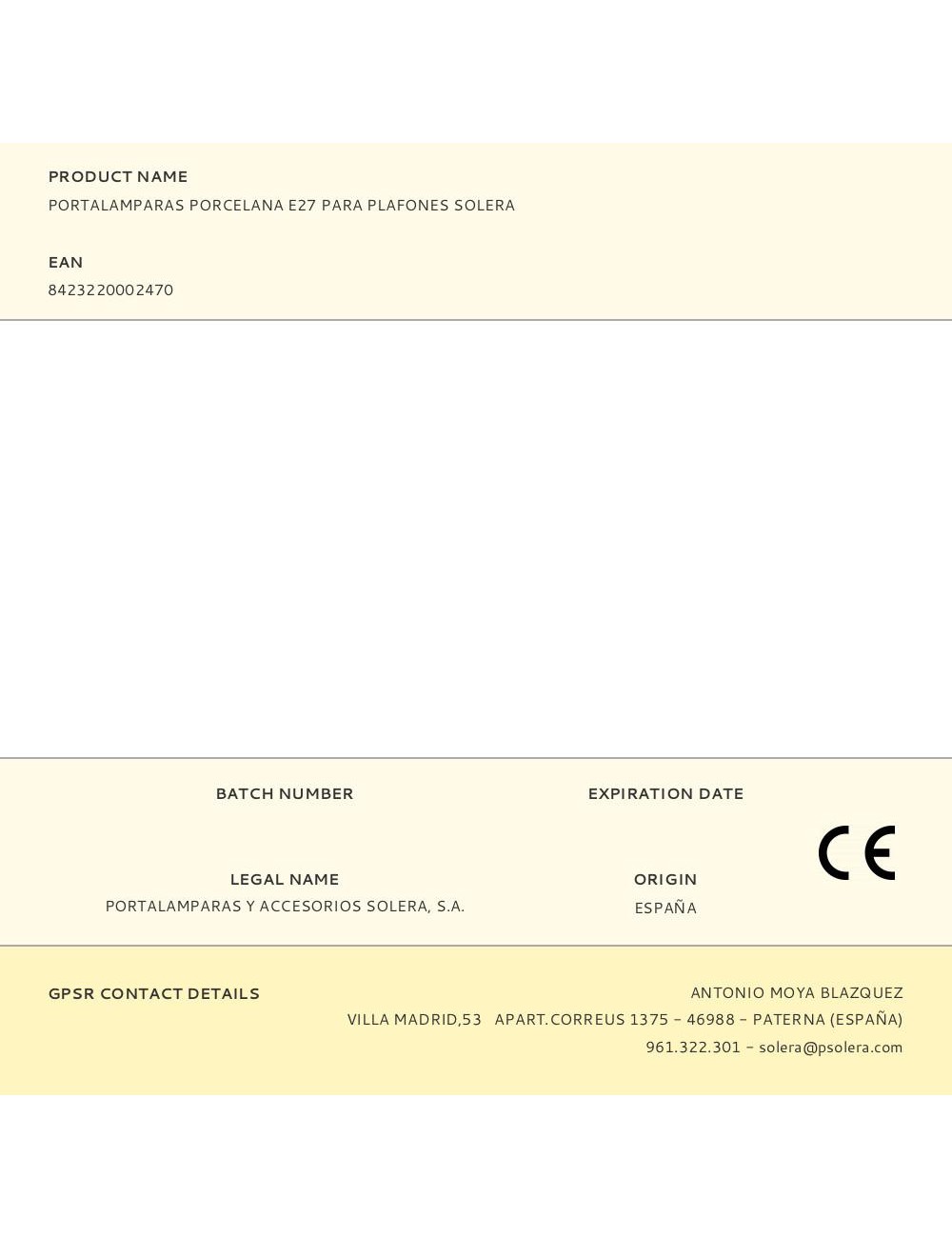 Portalamparas porcelana e27 para plafones solera