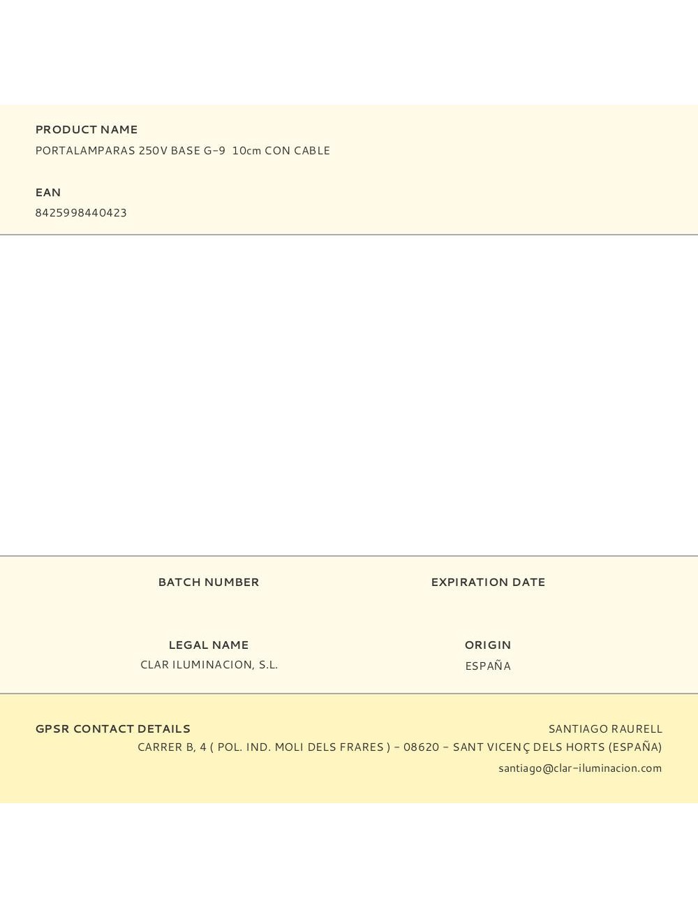 Portalamparas 250v base g-9 10cm con cable