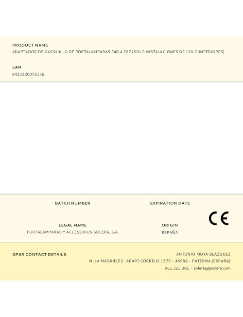 Adaptador de casquillo de portalamparas e40 a e27 (solo instalaciones de 12v o inferiores)