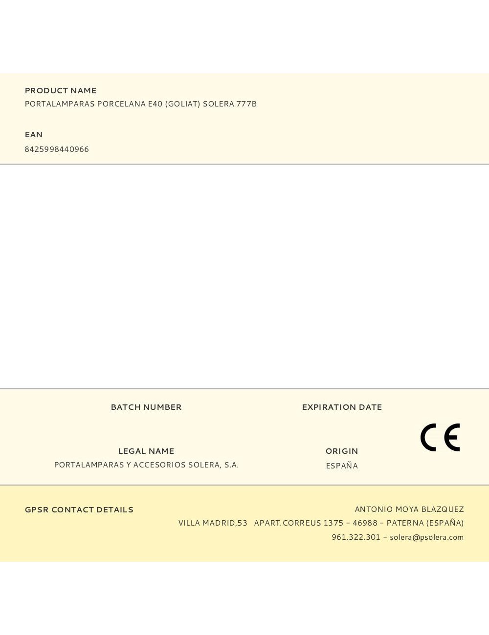 Portalamparas porcelana e40 (goliat) solera 777b