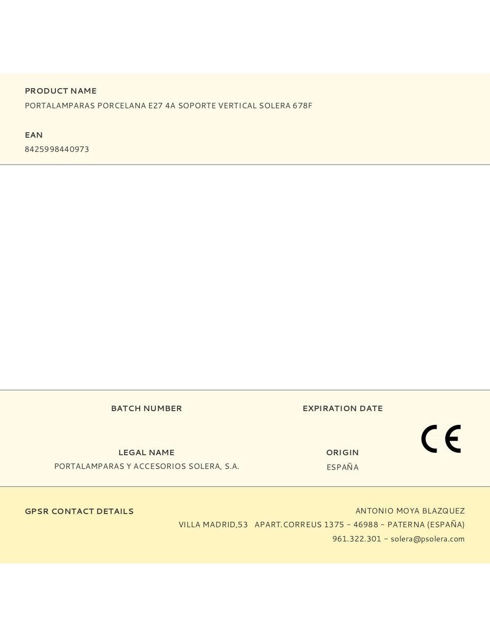 Portalamparas porcelana e27 4a soporte vertical solera 678f