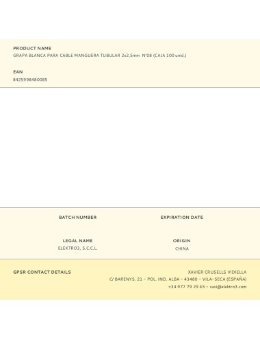 Grapa para cable manguera tubular 2 x 2,5 mm n°08, blanca, caja 100 uds