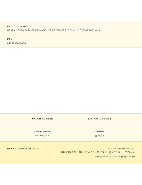 Grapa para cable manguera tubular 2 x 6,0 mm n°10, negra, caja 100 uds