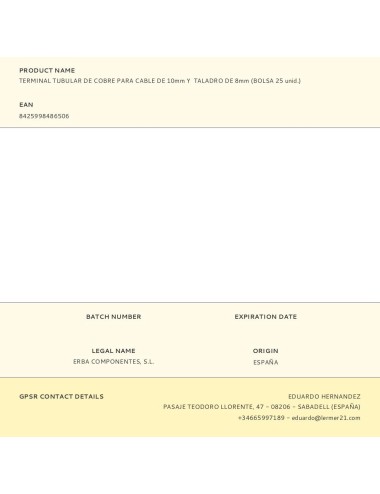 Terminal tubular de cobre para cable de 10 mm y taladro de 8 mm, bolsa 25 uds