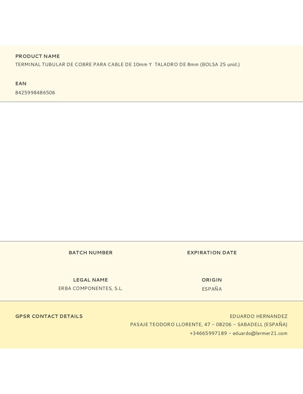 Terminal tubular de cobre para cable de 10 mm y taladro de 8 mm, bolsa 25 uds