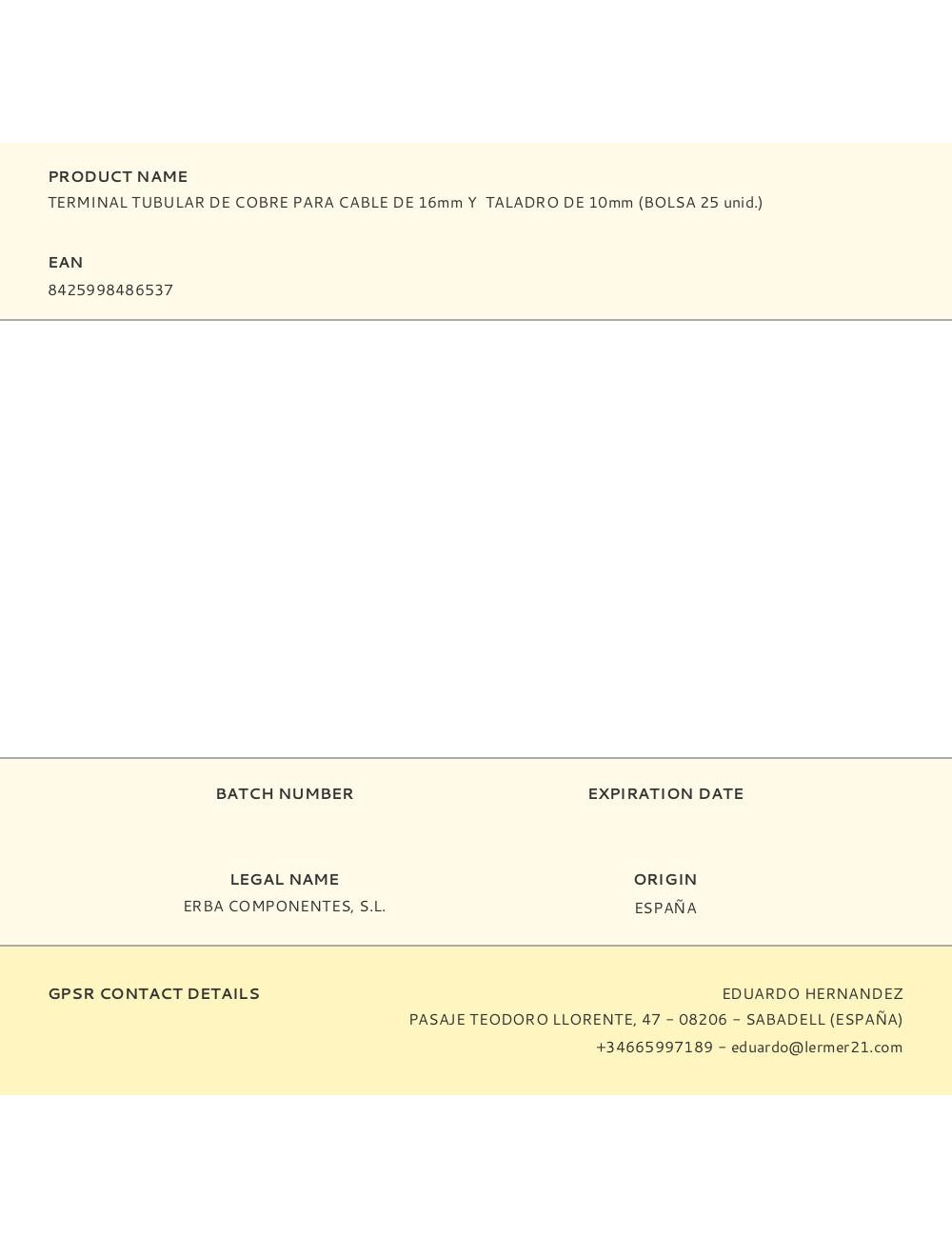 Terminal tubular de cobre para cable de 16 mm y taladro de 10 mm, bolsa 25 uds