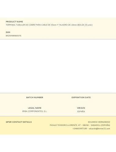 Terminal tubular de cobre para cable de 35 mm y taladro de 10 mm, bolsa 25 uds