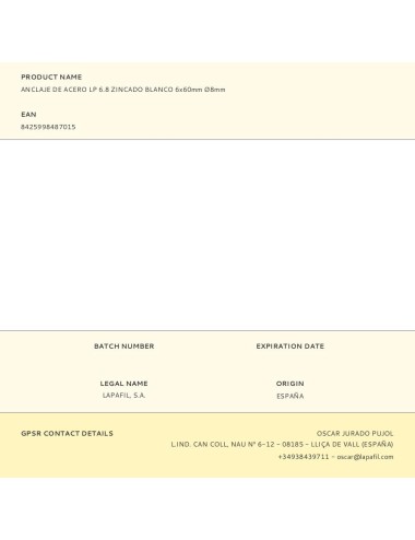 Anclaje de acero lp 6.8 zincado blanco 6 x 60 mm, ø8 mm