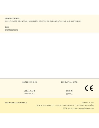 Amplificador de antena para mastil de exterior ganancia fm: 15db uhf: 4db televes