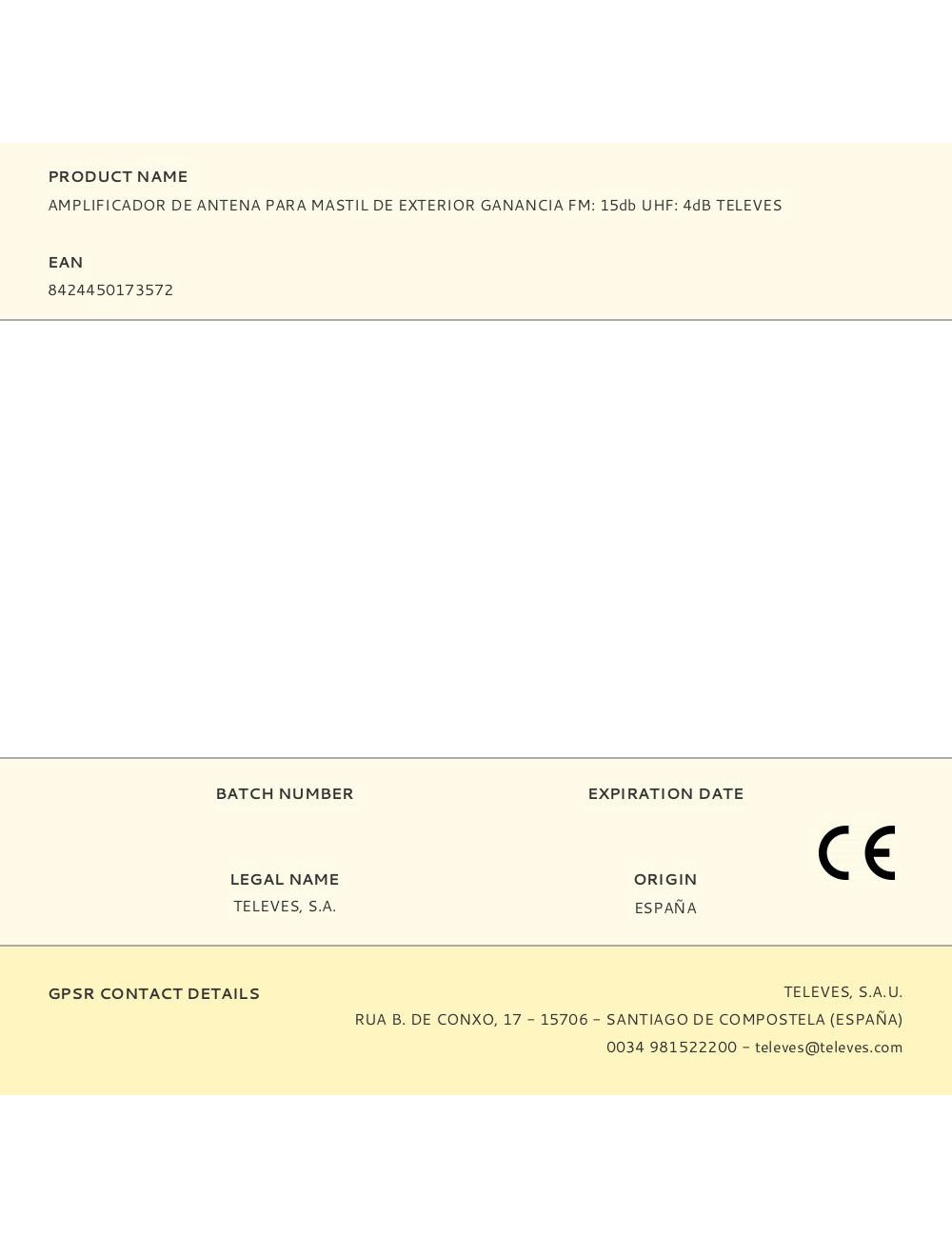 Amplificador de antena para mastil de exterior ganancia fm: 15db uhf: 4db televes