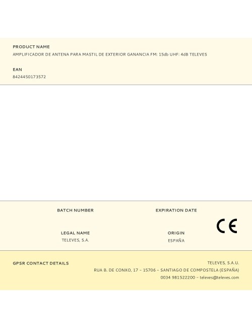Amplificador de antena para mastil de exterior ganancia fm: 15db uhf: 4db televes
