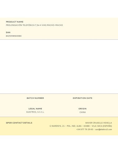 Prolongación telefónica 7,5m 4 vias macho-macho