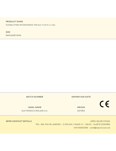 Fusible para microondas 700 ma / 5 kv 6 x 2 mm