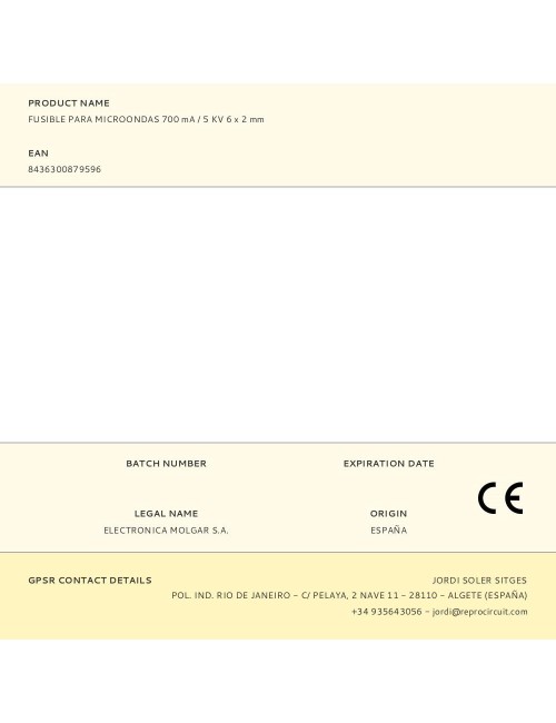 Fusible para microondas 700 ma / 5 kv 6 x 2 mm
