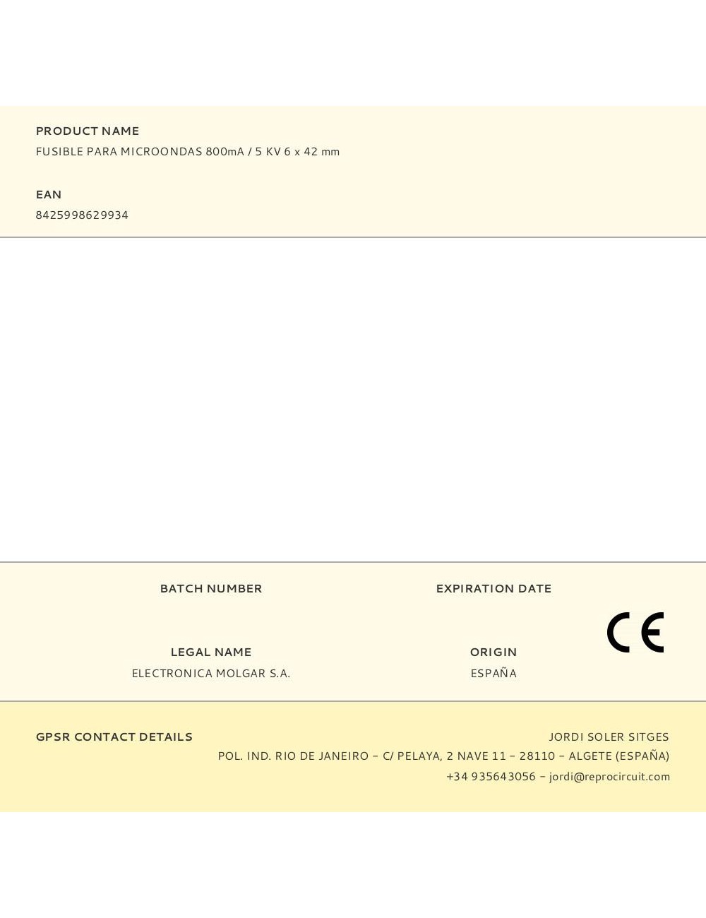Fusible para microondas 800ma / 5 kv 6 x 42 mm