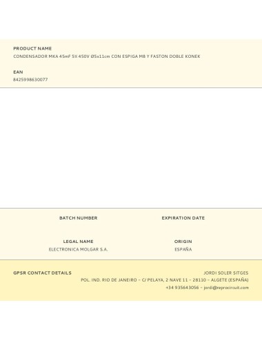 Condensador mka 45mf 5% 450v ø5x11cm con espiga m8 y faston doble konek