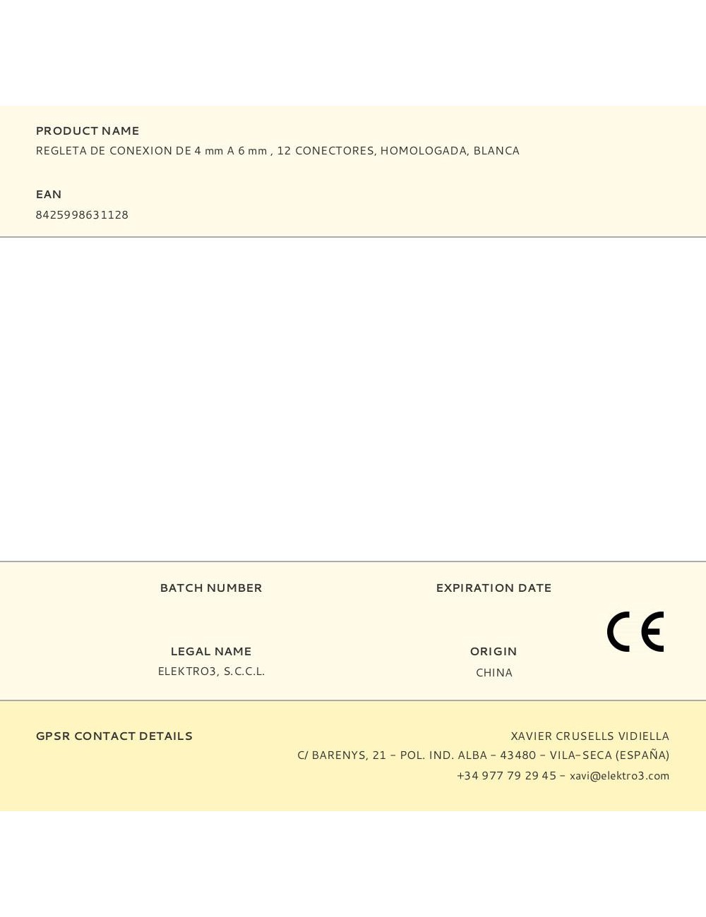 Regleta de conexion de 4 mm a 6 mm , 12 conectores, homologada, blanca