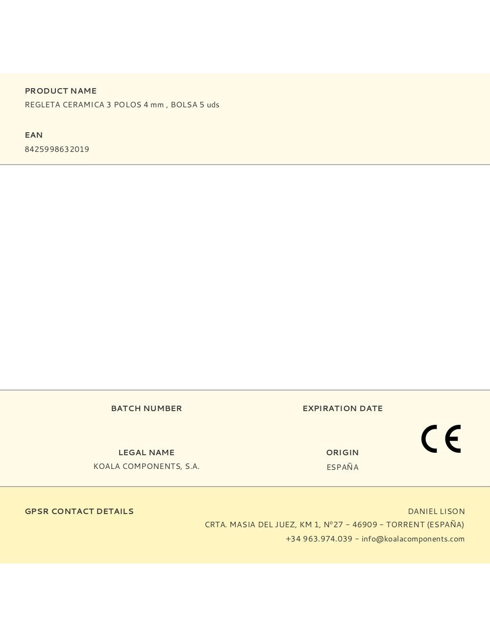 Regleta ceramica 3 polos 4 mm , bolsa 5 uds