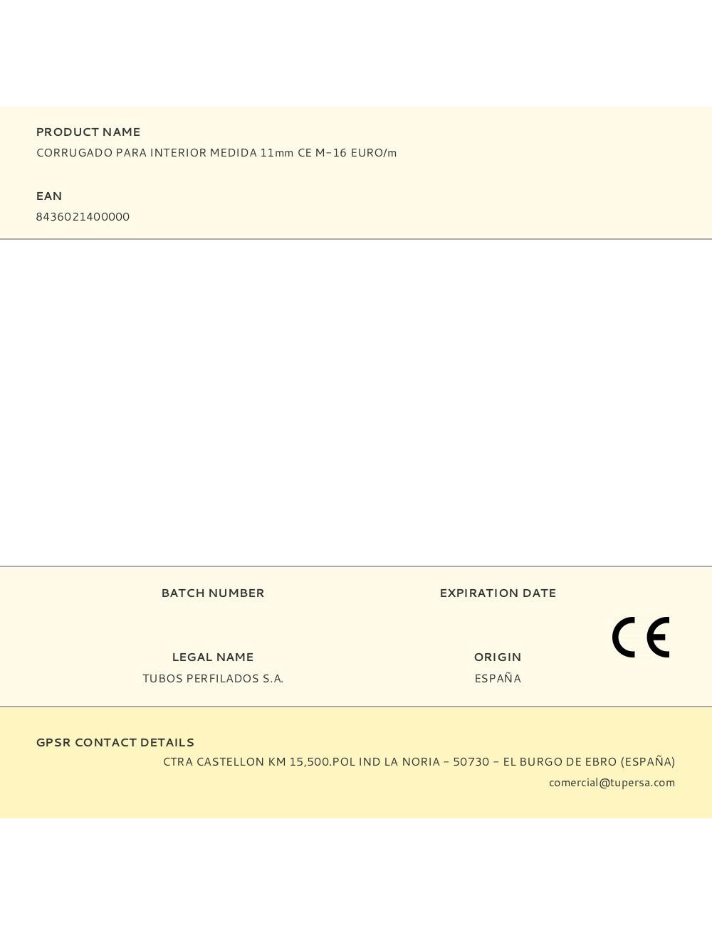 Corrugado para interior medida 11mm ce m-16 euro/m