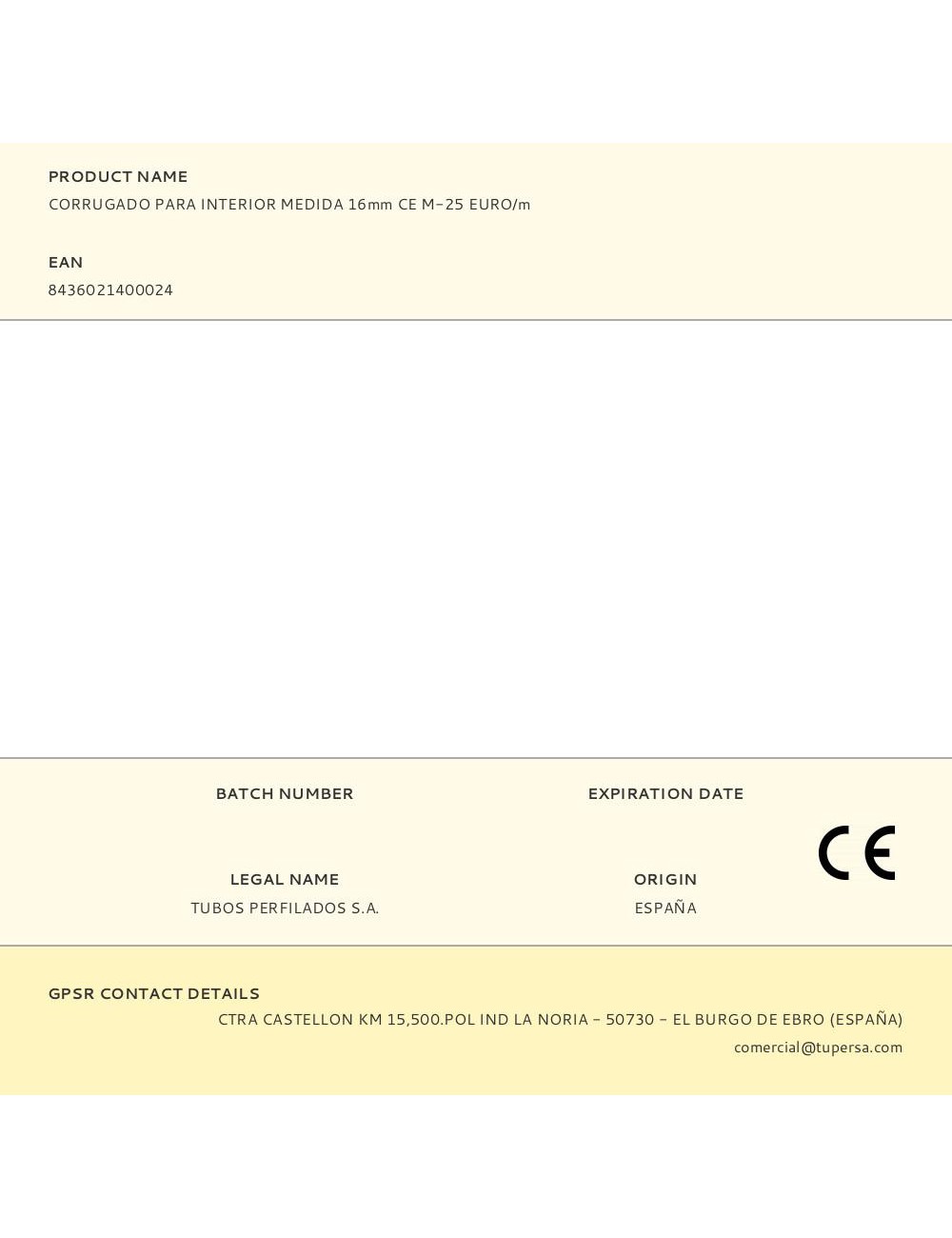 Corrugado para interior medida 16mm ce m-25 euro/m
