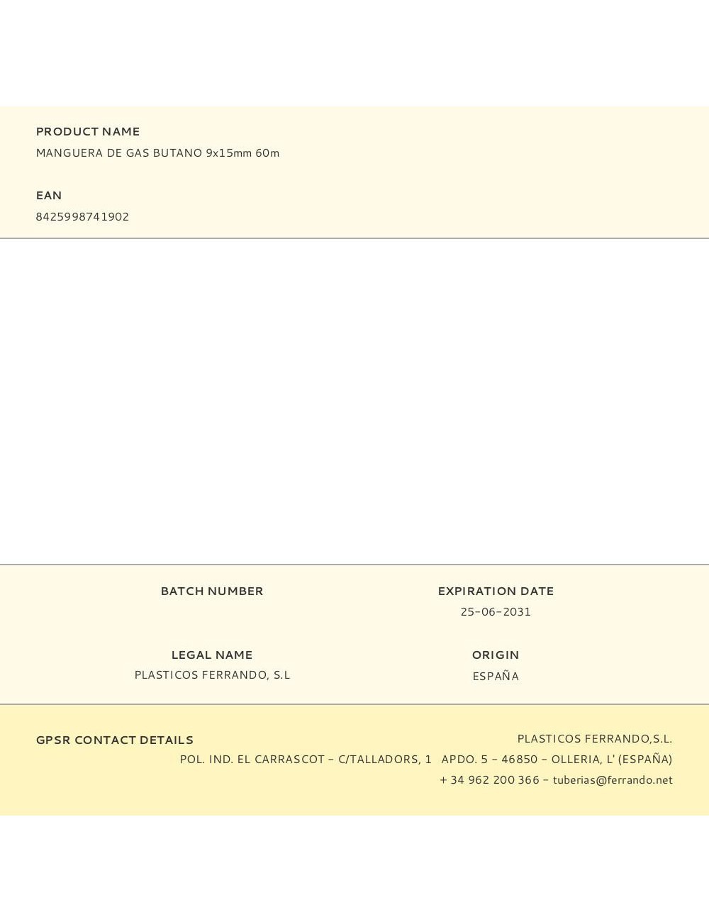 Manguera de gas butano 9x15mm 60m