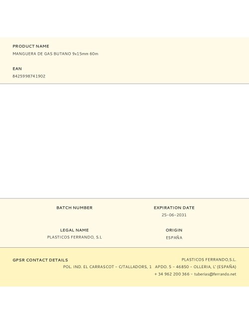 Manguera de gas butano 9x15mm 60m