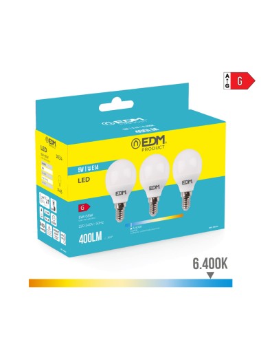 Kit 3 bombillas esfericas led e14 5 w 400 lm 6400 k luz fria ø4,5 x 8 cm