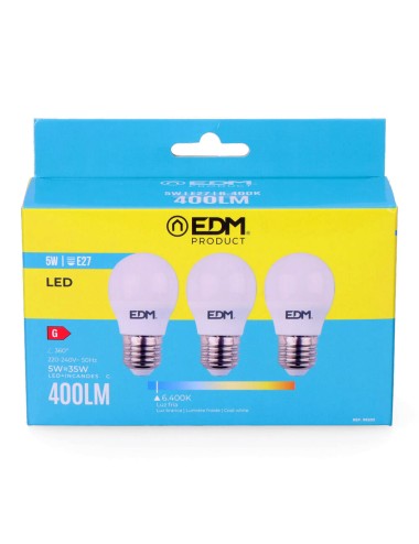 Kit 3 bombillas esfericas led e27 5 w 400 lm 6400 k luz fria ø4,5 x 8 cm