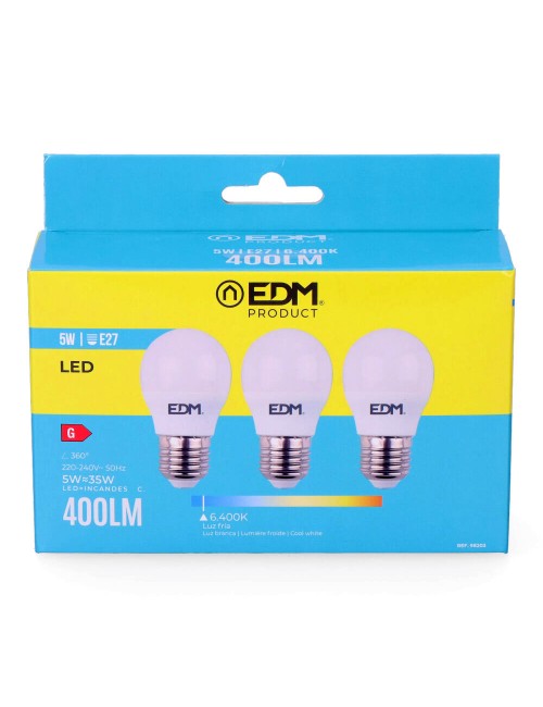 Kit 3 bombillas esfericas led e27 5 w 400 lm 6400 k luz fria ø4,5 x 8 cm