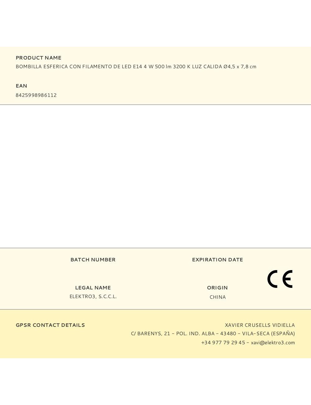 Bombilla esferica con filamento de led e14 4 w 500 lm 3200 k luz calida ø4,5 x 7,8 cm