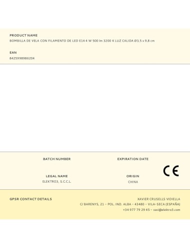 Bombilla de vela con filamento de led e14 4 w 500 lm 3200 k luz calida ø3,5 x 9,8 cm