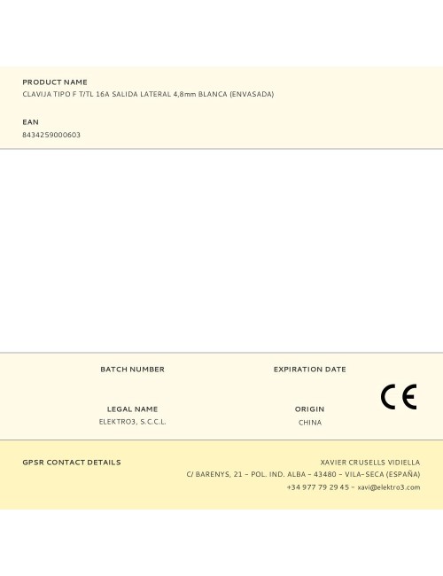 Clavija tipo f t/tl 16a salida lateral 4,8mm blanca (envasada)