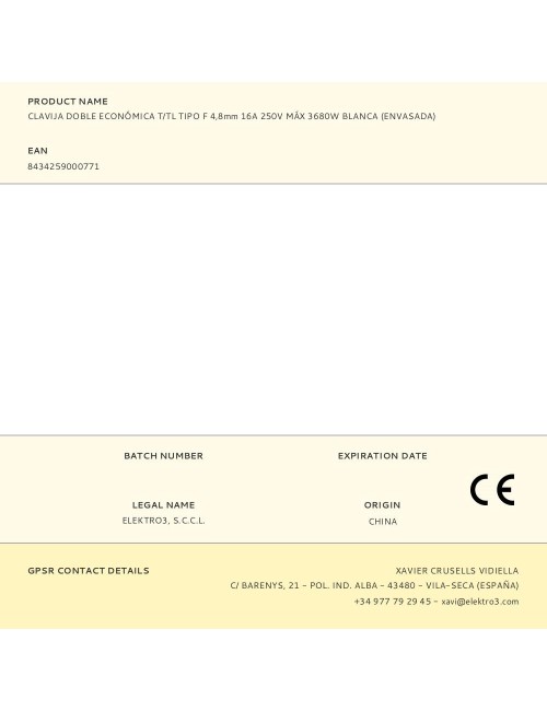 Clavija doble económica t/tl tipo f 4,8mm 16a 250v máx 3680w blanca (envasada)