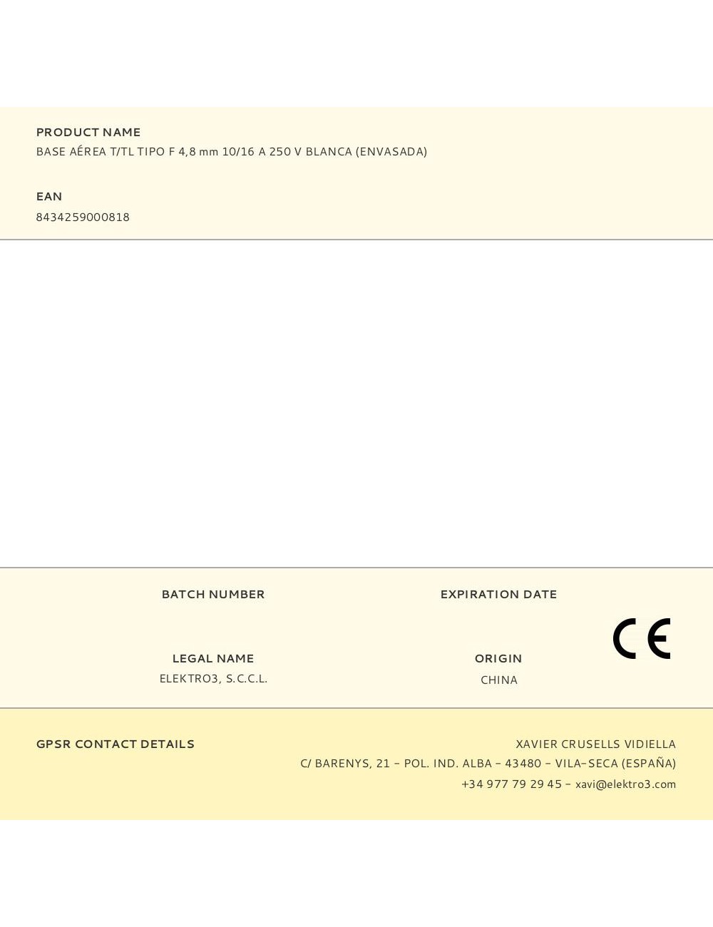 Base aérea t/tl tipo f 4,8 mm 10/16 a 250 v blanca (envasada)