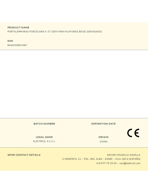 Portalámparas porcelana e-27 250v para plafones beige (envasado)