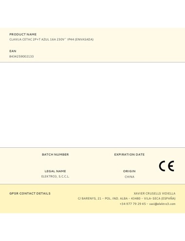 Clavija cetac 2p+t azul 16a 230v~ ip44 (envasada)