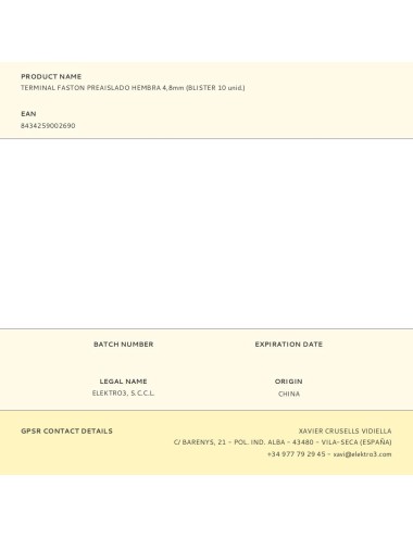 Terminal faston preaislado hembra 4,8 mm, blister 10 uds