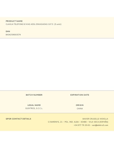 Clavija telefono 8 vias adsl envasadas cat.5 (5 unid.)