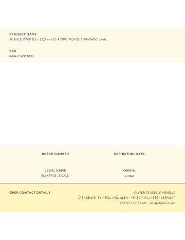 Fusible mt00 8,5 x 31,5 mm 16 a tipo ticino, envasado 5 uds