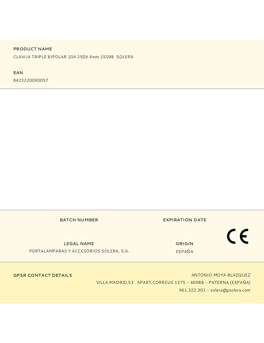 Clavija triple bipolar 10a 250v 4mm 15098 solera