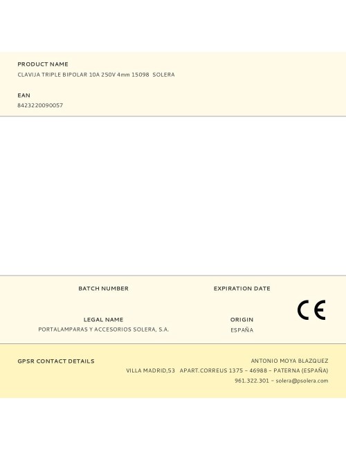Clavija triple bipolar 10a 250v 4mm 15098 solera