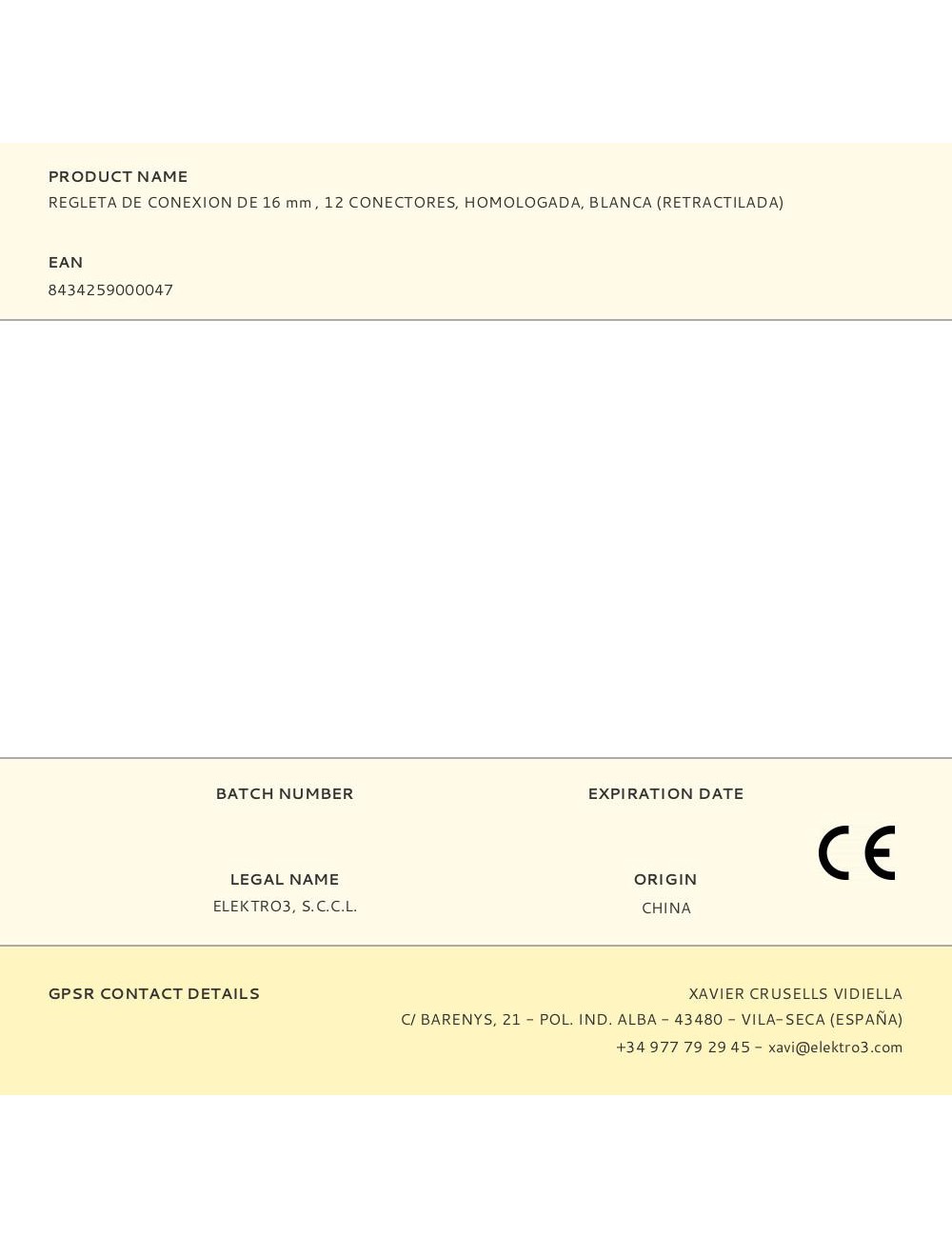 Regleta de conexion de 16 mm , 12 conectores, homologada, blanca (retractilada)